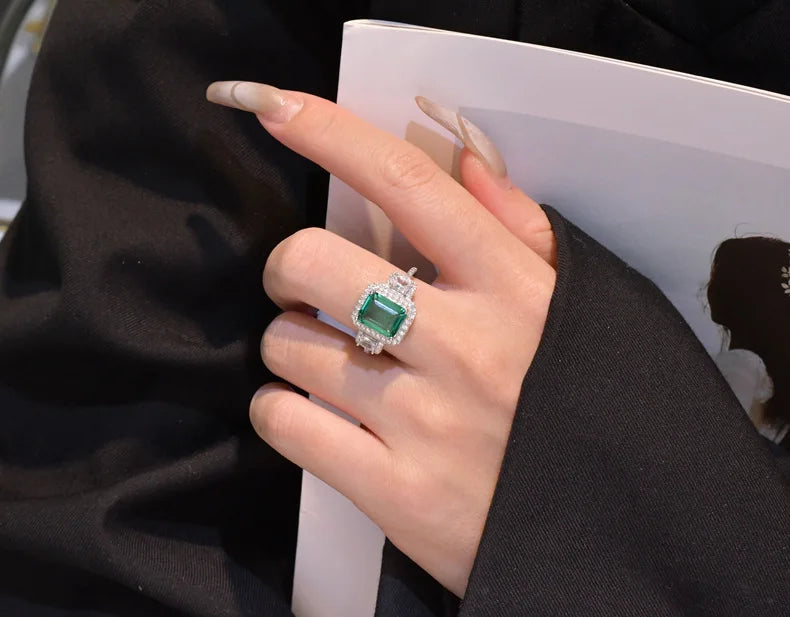 MuShan Jewelry Factory HCD Gemstones Emerald Ring Band 925 Sterling Silver Ring 8 * 10 Emerald Cut HCD Stones Ring Jewelry