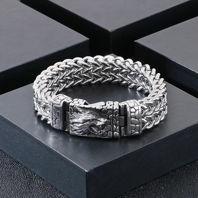 KALEN 21cm Punk Stainless Steel Bracelet Wolf Head Pattern Chain Men Bracelet