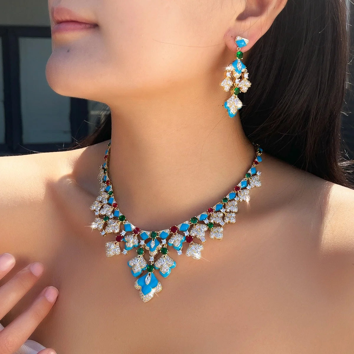 Gorgeous Mediterranean Style Blue Enamel Green CZ Necklace and Earrings Sets Vintage Luxury Jewelry Set for Banquets Vacations