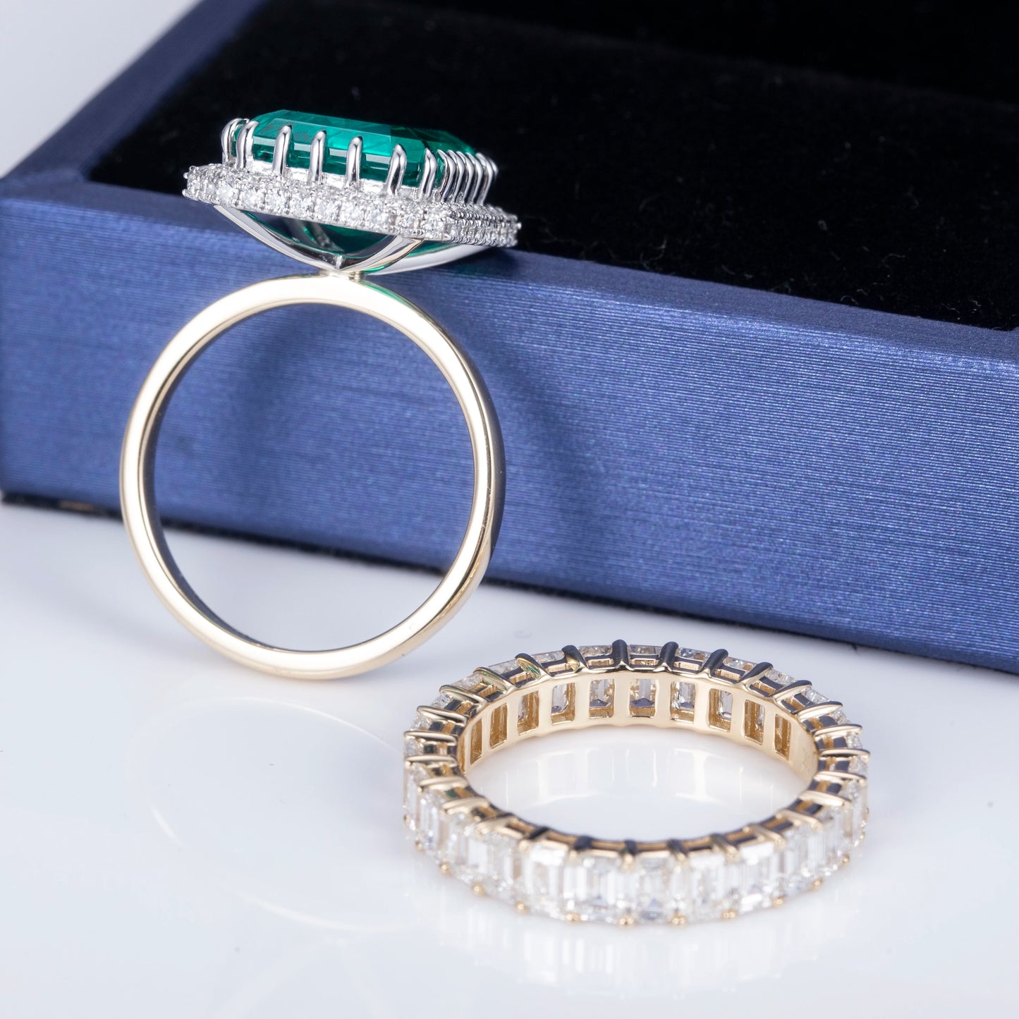 Messi Gems 18k Yellow Gold 10ct Lab Emerald Emerald Cut Moissnaite  Diamond Ring Set
