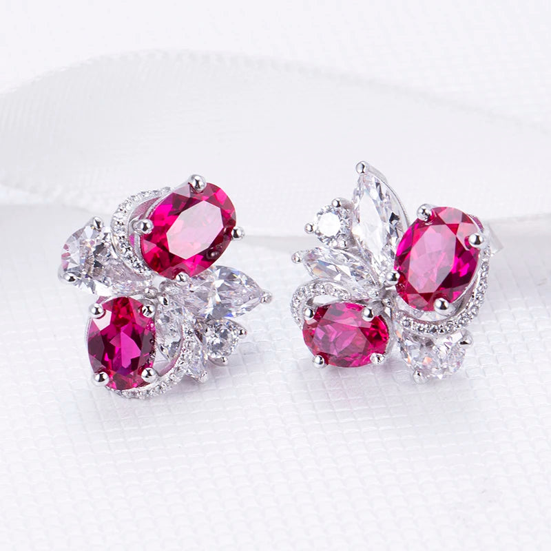 Messi Jewelry MSE-605 Fancy Shape Sparkling Red/white Corundum Flower Design S925 Earrings Engagement Dating Gift for Girls
