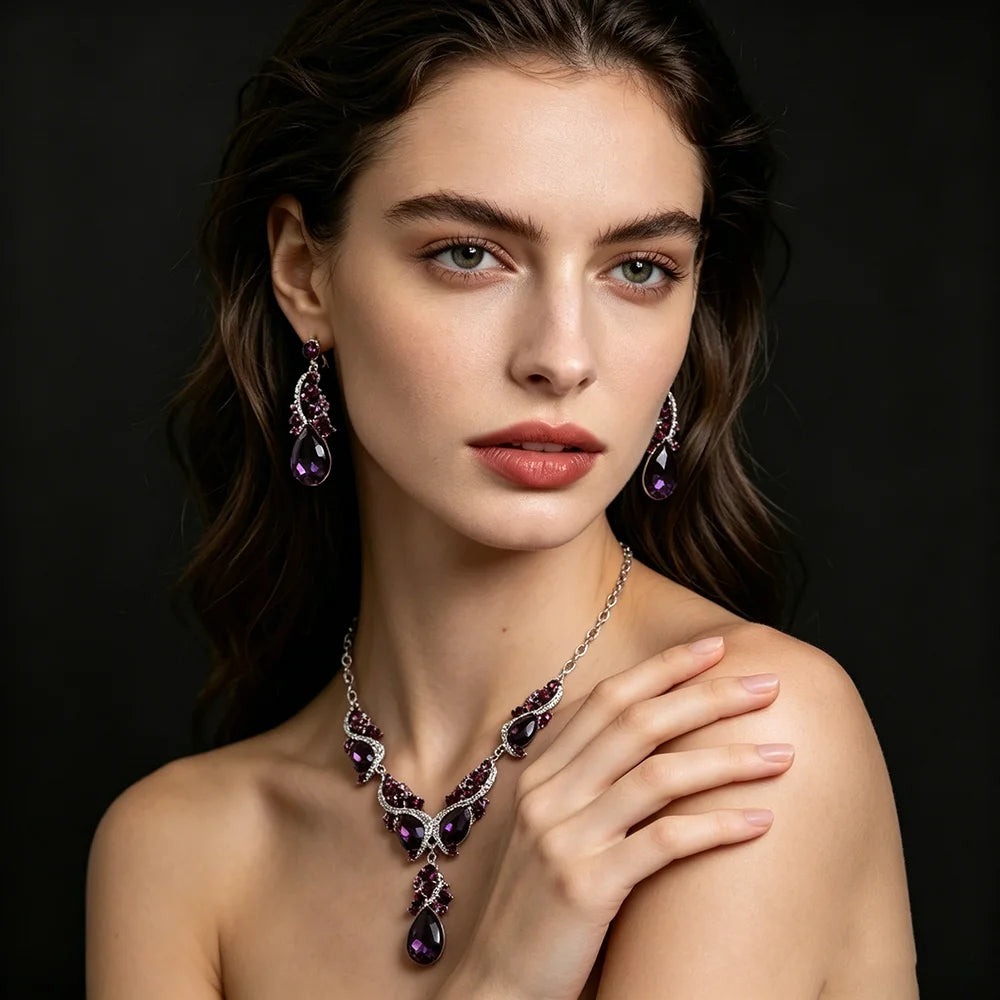 Luxury Princess-Cut Zirconia & Pearl Floral Statement Necklace & Drop Earrings Set — Silver Plated