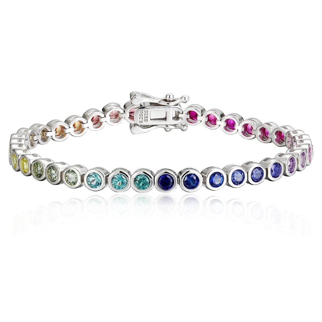 Gemfiori Rainbow Sapphires 3mm Round Tennis Bracelet 925 Sterling Silver Unisex Fashion Jewelry Lab Grown Sapphires Wedding Party