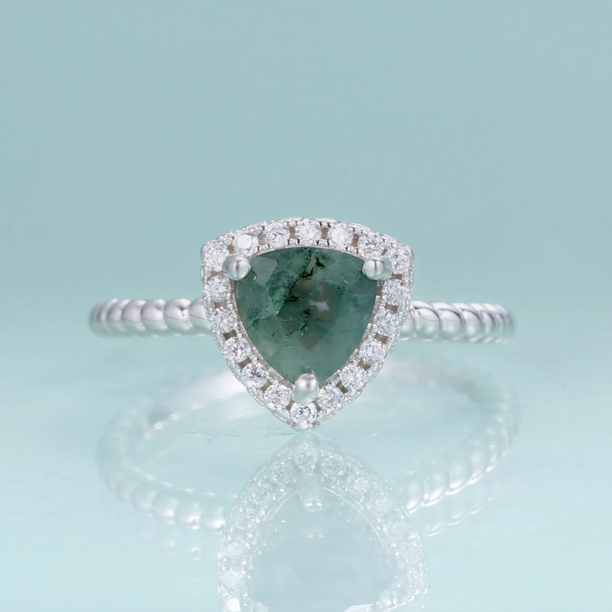 ArtistA Abiding Plated Silver 925 Natural Stone Ring Fancy Cut Natural Inspired Moss Agate Engagement Ring for Anniversary Bridal
