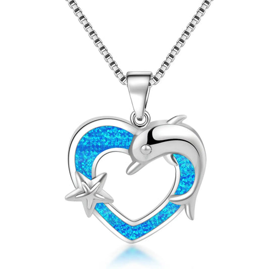 TikTok Viral Dolphin Heart Opal Necklace | Blue Ocean Jewelry - Ins Trendy Bulk Supply