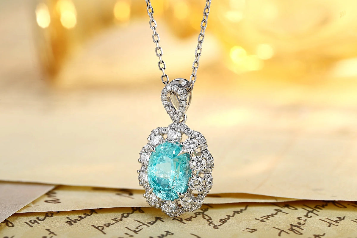 Gemfiori Anster Paraiaba Mian Stone Oval Cutting Platinum Necklace Attractive Length 16cm 3.9ct Customizable Style Women's Necklace
