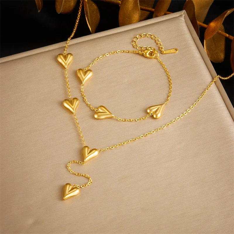 Gold Heart Necklace & Bracelet Jewellery Set | Bold Simple Fashion Set