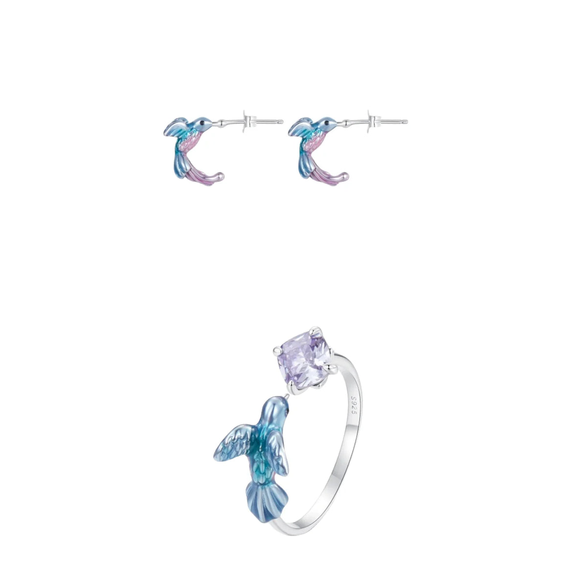 S&S 925 Silver Nature Earring & Ring Set – Butterfly, Cherry Blossom & Kingfisher – Platinum Plated – Collection
