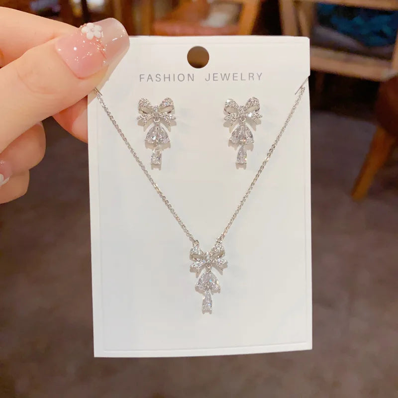 Luxurious Fashion Bow Knot Necklace and Earrings Set with Zircon Classic Real Gold Plated Jewelry Set for Women