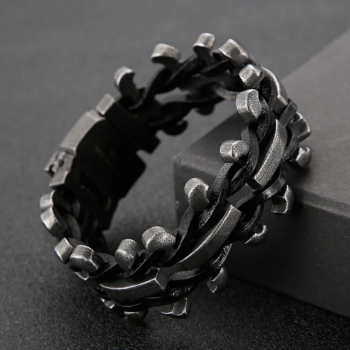 VIKING Mens Retro Leather Rope Motorcycle Bracelet – Vintage Black Stainless Steel