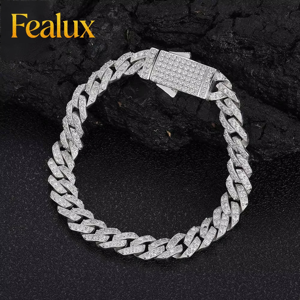 REBEL Fealux Pass Diamond Tester 8mm Two Rows Pass Diamond Tester Iced Out Hip Hop VVS1 Moissanite Cuban Link Chain Necklace Set
