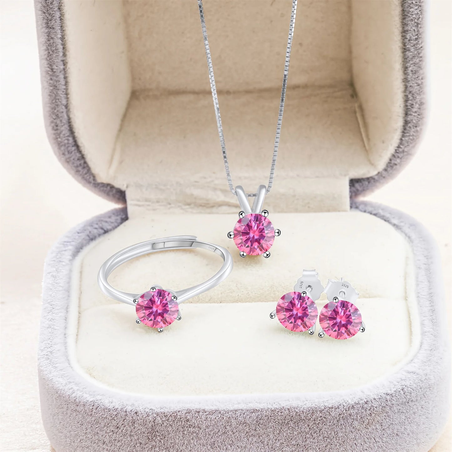Simple D Color VVS1 GRA 1CT Round Cut Colored Moissanite Jewelry 925 Silver Wedding Ladies Necklace Earrings Ring 3 Piece Sets