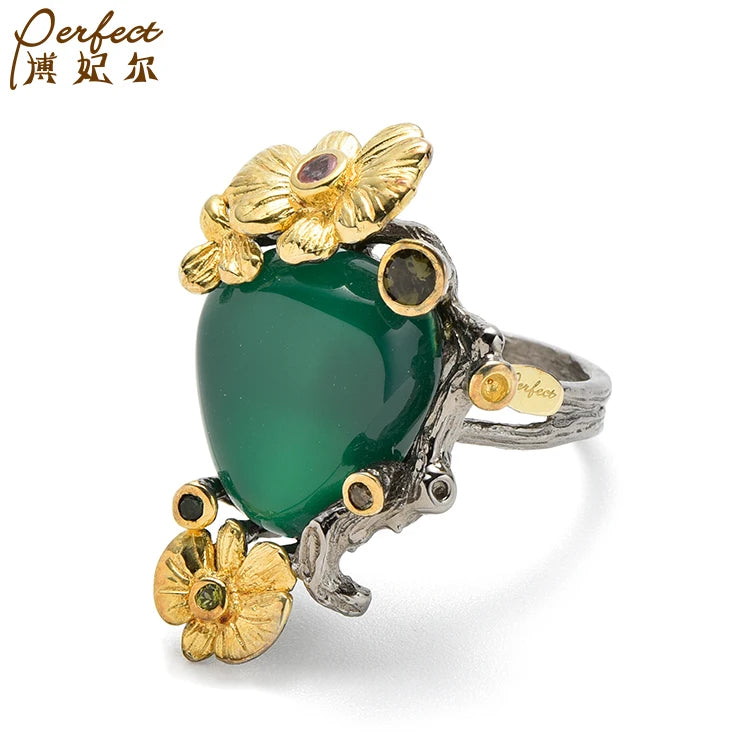 Wholesale Fashion Personality Green Agate Women Luxury  Sterling Silver Jewelry Rings