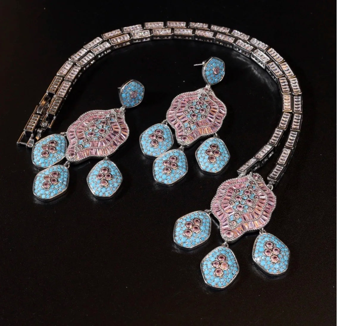 Bella Viva Vintage Pink and Blue Cubic Zirconia Necklace and Earring Sets, Platinum Plated Brass, Statement Jewelry for Party