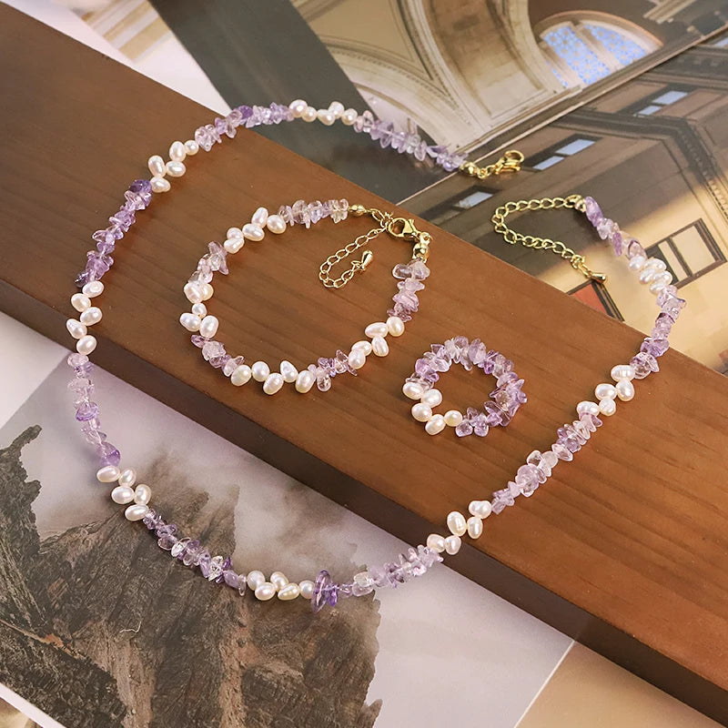 Natural Freshwater Pearl  Amethyst Jewelry Set for Women Daily Wear Wedding Pearl Dainty Jewelry Set Bohemian Style Jewelry