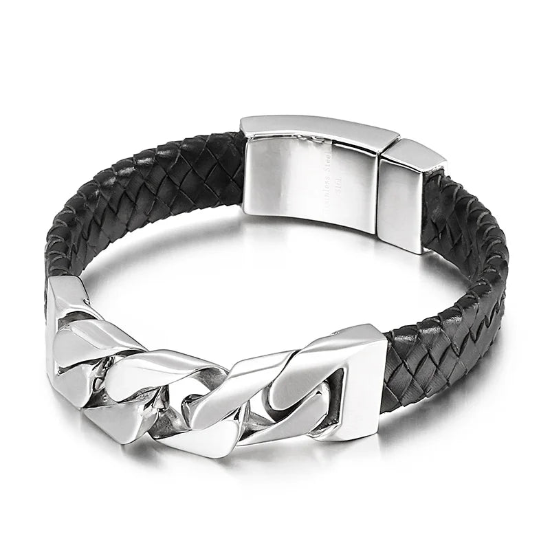 REBEL Vintage Mens Fashion Bracelets Bangles Stainless Steel Cuban Links Leather Bracelet Bangle
