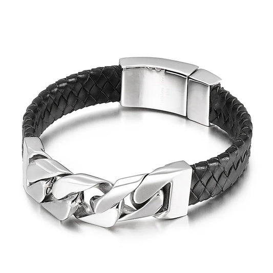 REBEL Vintage Mens Fashion Bracelets Bangles Stainless Steel Cuban Links Leather Bracelet Bangle