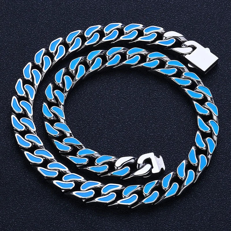 Hip Hop 12mm Colorful Oil Drop Stainless Steel Cuban Chain Niche Necklace Bracelet For Men