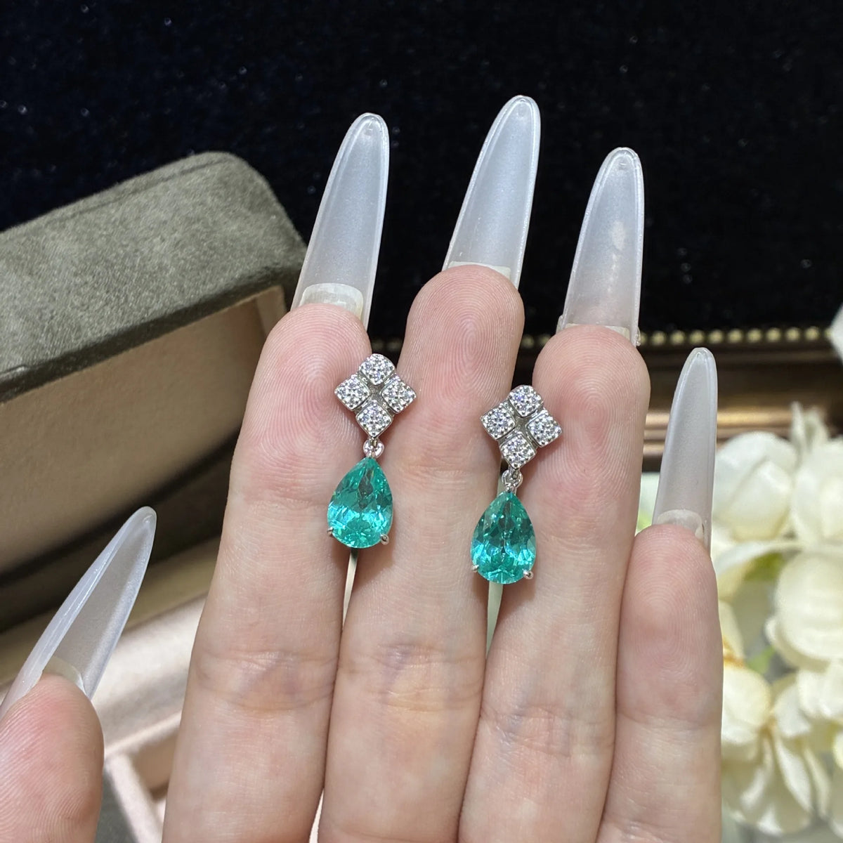 7x10mm Pear Neon Blue Lab Grown Gemstone Jewelry Parure Rhodium Plated 925 Sterling Silver Paraiba Set Anniversary Gift for Her