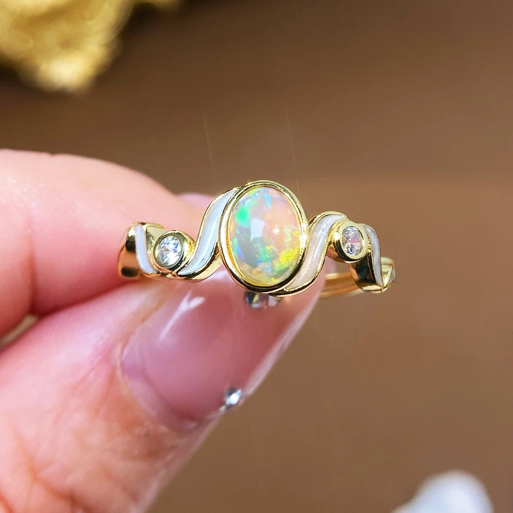 Gioiellieri Natural White Opal Prong Setting Rhodium Plated 925 Sterling Silver Luxury Women's Wedding Ring