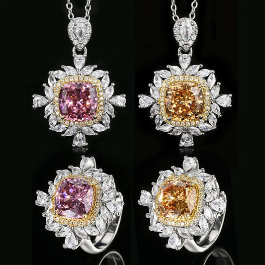 Gemfiori French Square Crystal Zircon Necklace Ring Jewelry Set Banquet Colorful Crystal Necklace Pendant