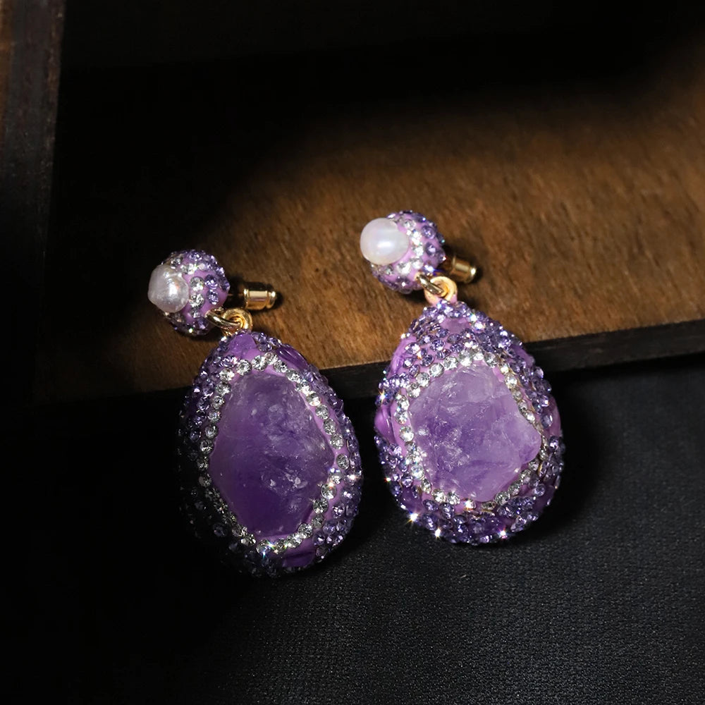 GLSEEVO Natural Amethyst Zircon Inlaid Pendant Earrings Korean Style Women Luxury Jewelry Fashion Ladies and Girls Gift GE1577