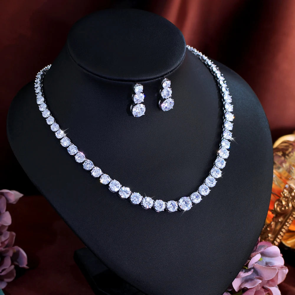 Super Glittering Round Cubic Zirconia Tennis Necklace and Earrings Jewelry Set for Women Wedding Bridal Party Engagement Banquet
