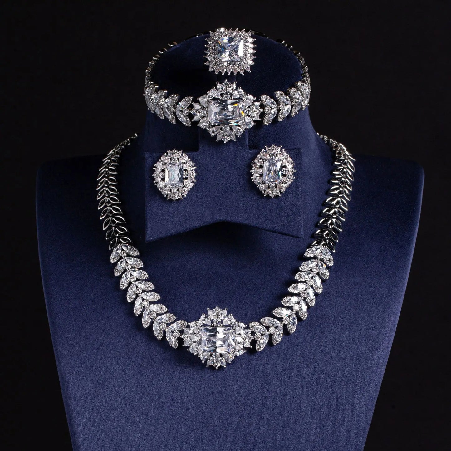 Dubai-Style Cubic Zirconia 4-Piece Bridal Jewellery Set — White, Red & Green