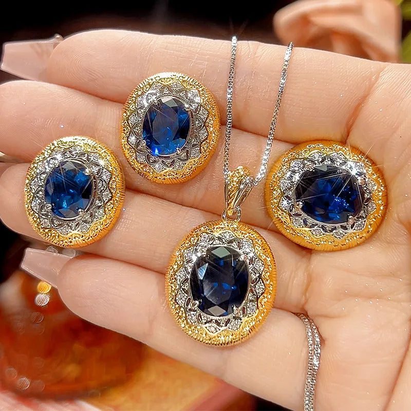 REDheart Brass Inlaid Zircon Plated Two-Color Movable Opening Ring Simulation Blue Pointed Crystal Flower Shape Pendant Necklace Trendy