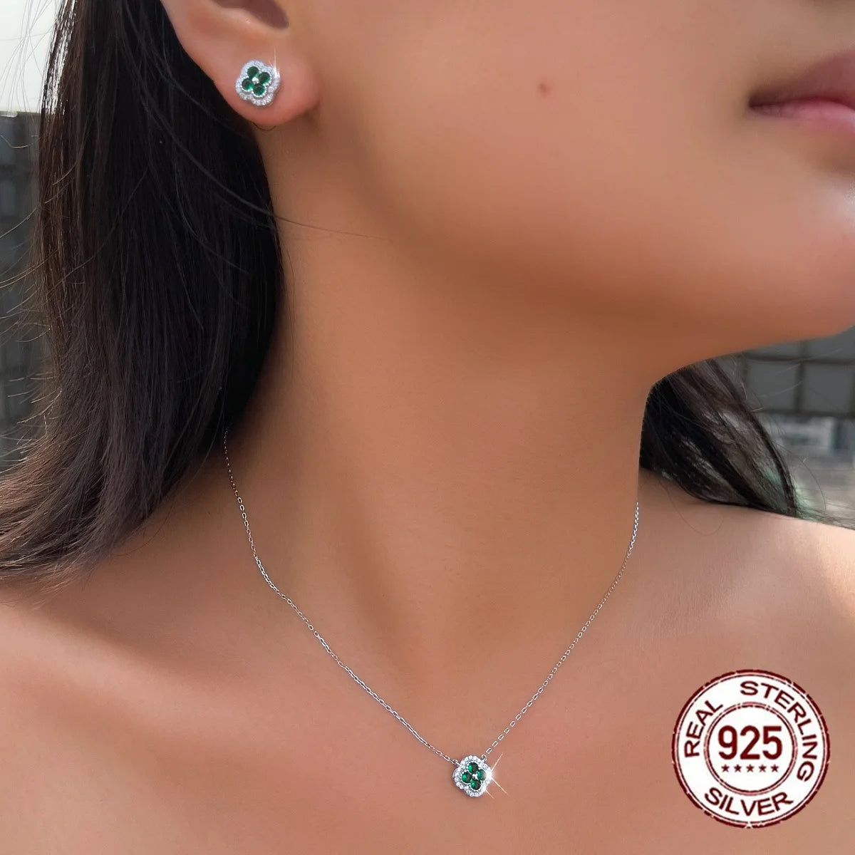 Fine Jewelry Blue CZ Cubic Zirconia  Necklace Earrings S925 Sterling Silver Four Leaf Clover Jewelry Set for Women Daily Wear