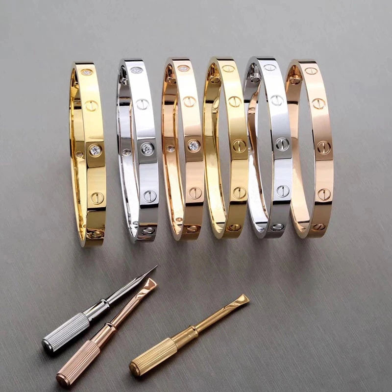 S&S Fashion Zircon Brand Screwdriver Screw Love 316L Stainless Steel 18K Gold Plated Bangle Bracelets for Women and Men
