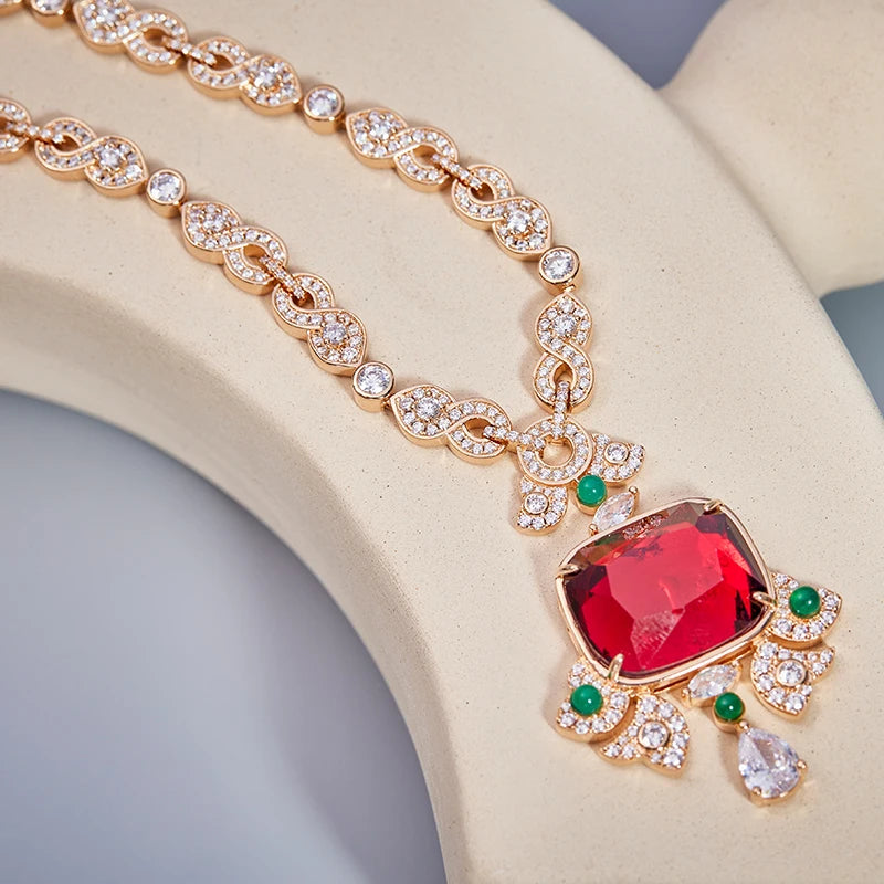 High Quality Rhodium Plated Jewelry Gifts Ruby Green Agate Women's Evening Dress Necklace Earrings Headdress Set