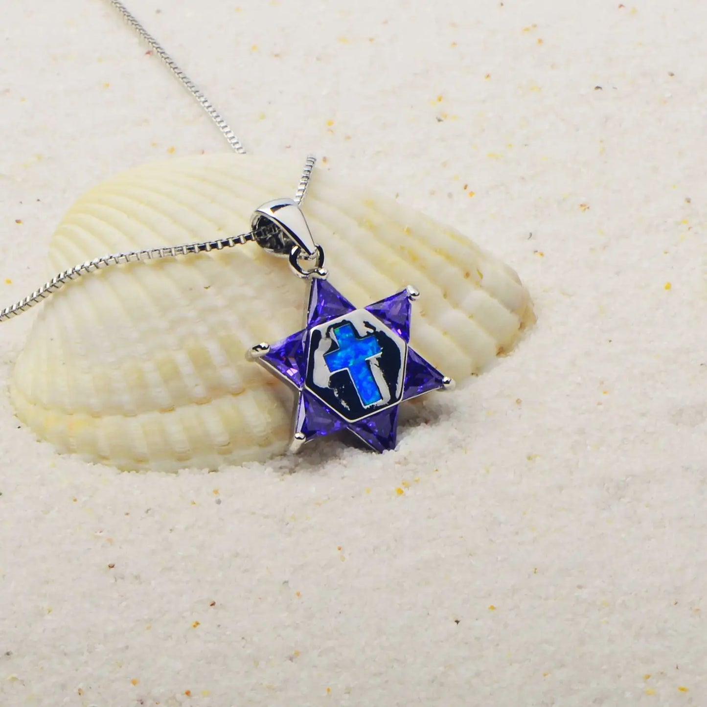 Hawaii Beach Zircon hexagonal Star Women's Lab Created Blue Silver Plated Copper Alloy Box Chain Necklace for Anniversary