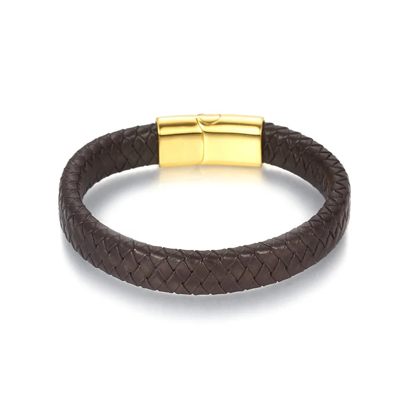 KALEN 13mm Width Men Mature Gold/Silver/Black Stainless Steel&Cowhide Leather Bracelet