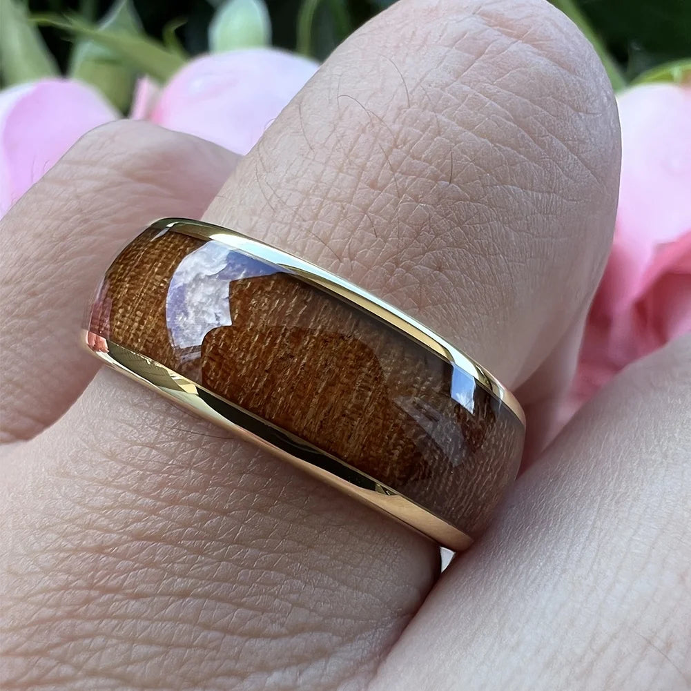 Coolstyle Jewelry 8mm Gold Tungsten Carbide Ring for Men Women Fashion Engagement Wedding Band Koa Wood Inlay Comfort Fit