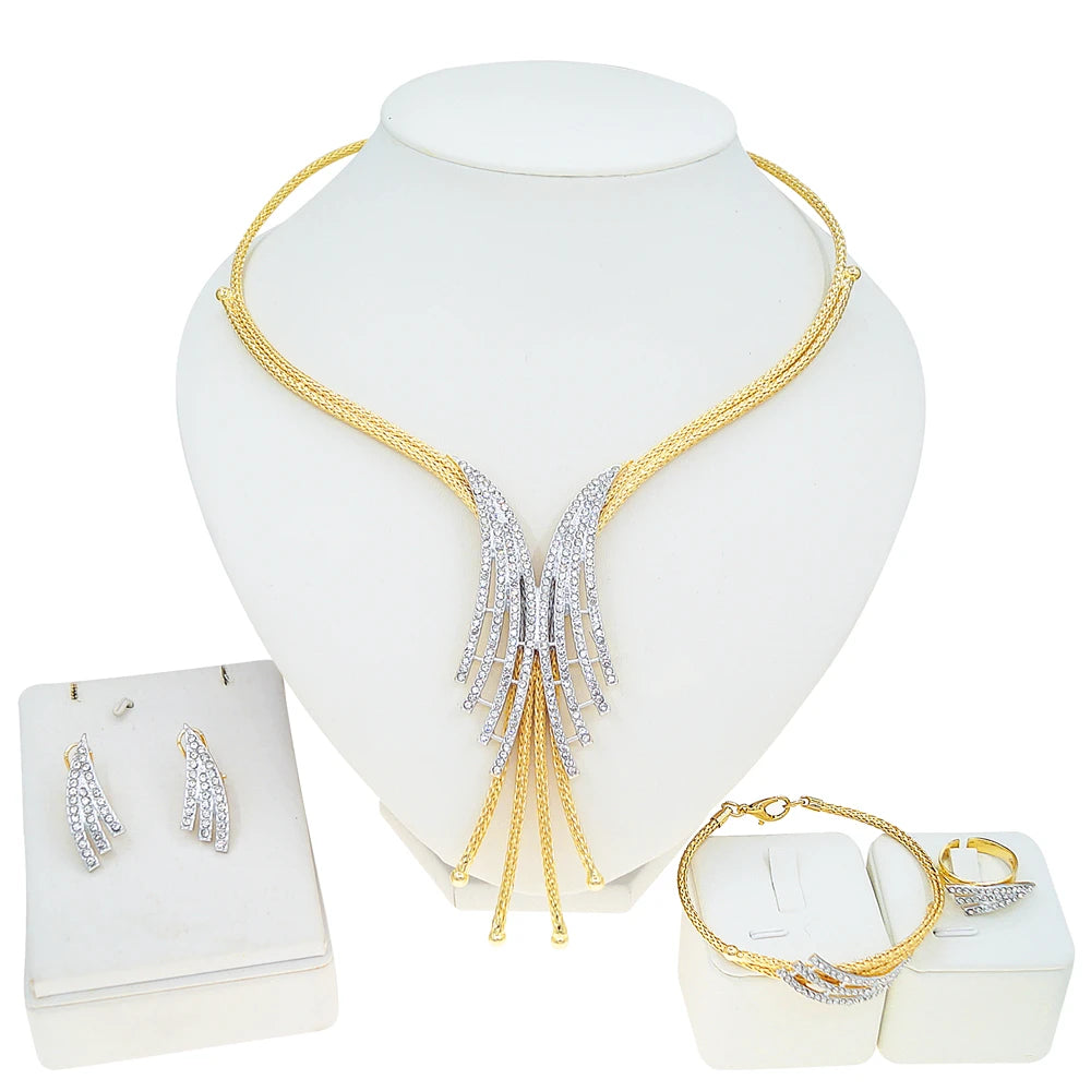 Zhuerrui Elegant Gold Plated Tassel Jewelry Set Rhinestones Women Necklace Earrings Bracelet Ring Set Evening Dress X0011330