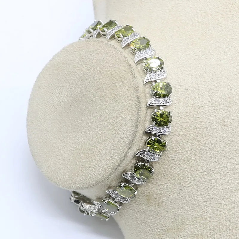XOTICA Silver Jewelry Set for Women Olive Peridot White Zircon Includes Bracelet Earrings Necklace Ring-for Parties Weddings