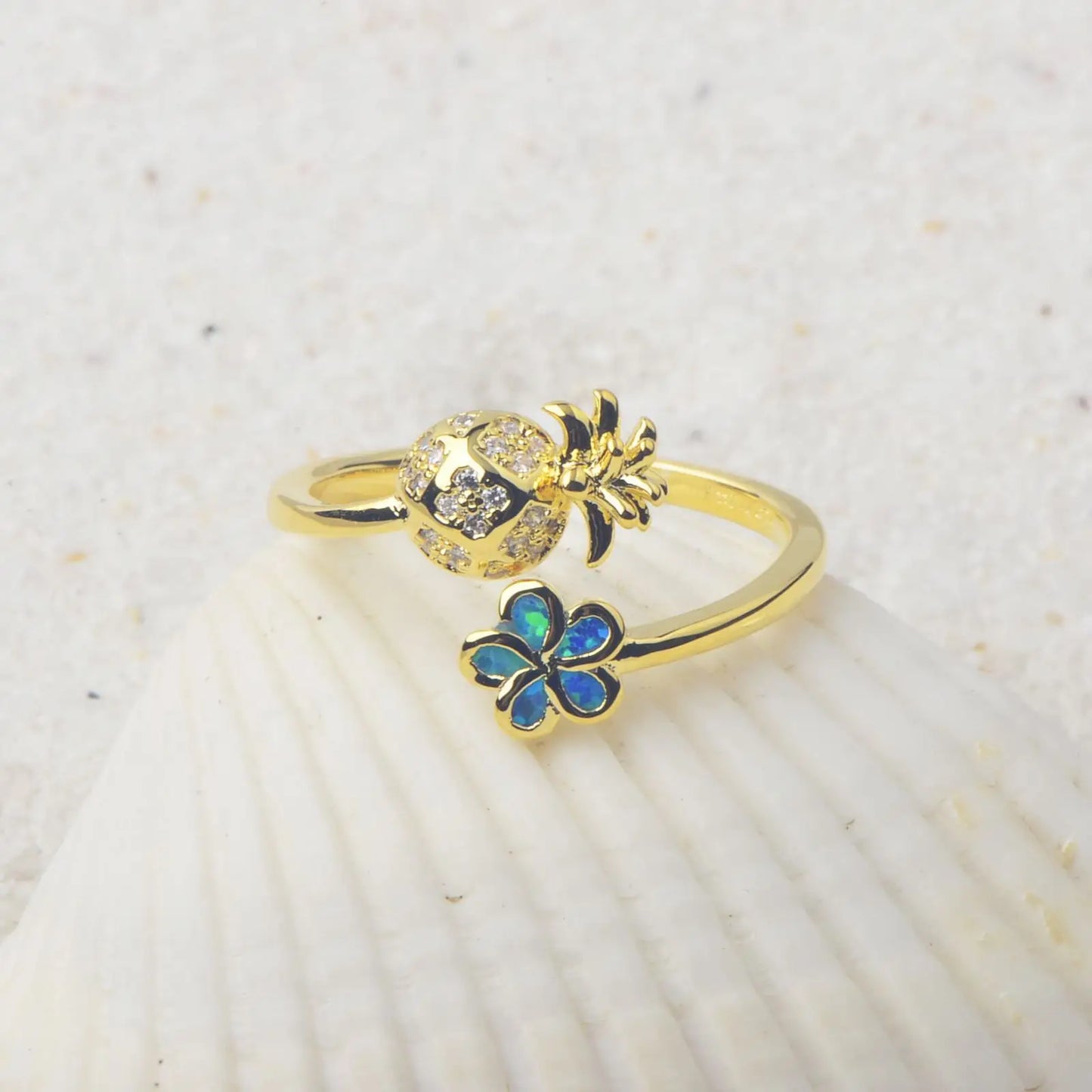 Hawaiian Pineapple Flower Opal Brass Modern Bohemian Design Ring