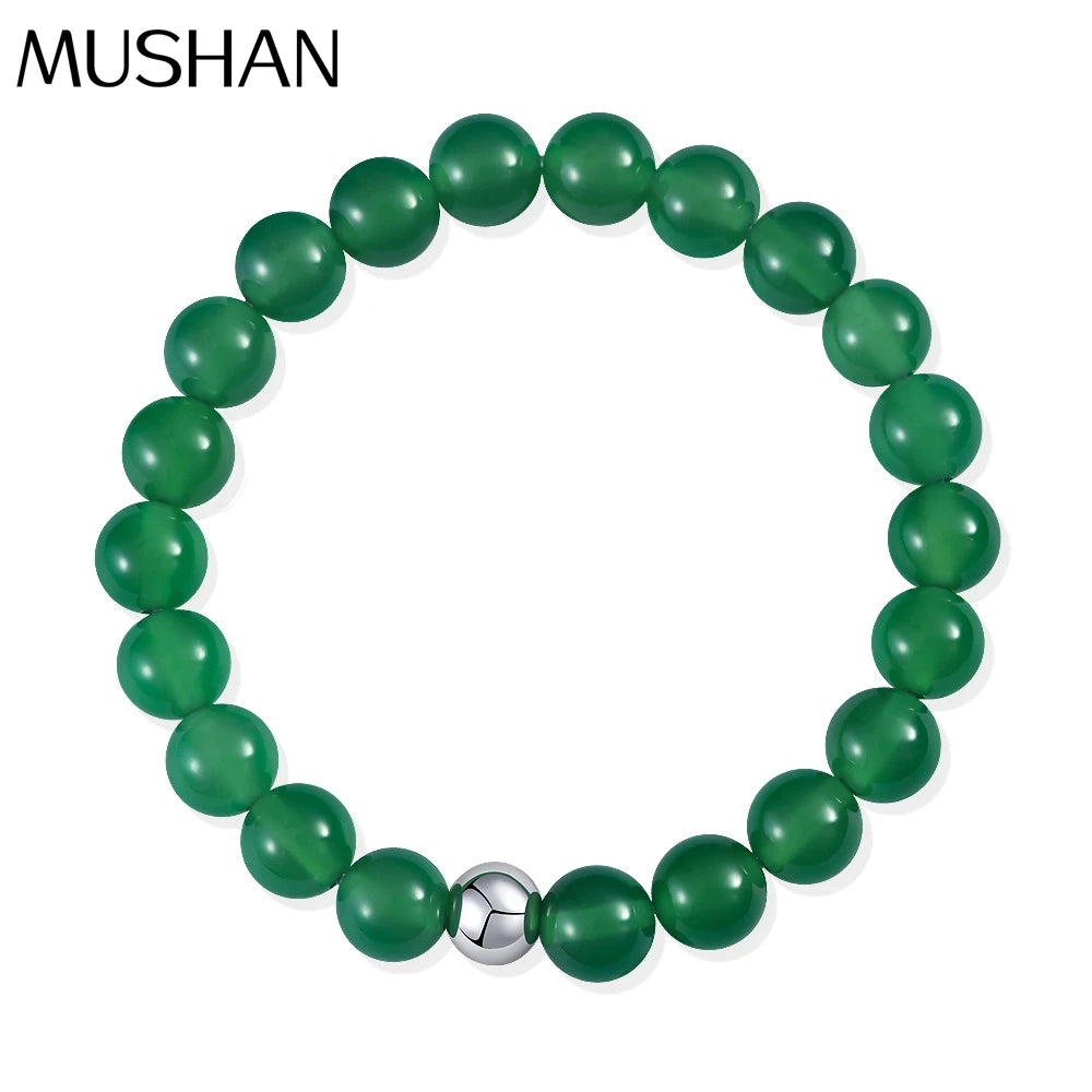 MUSHAN Jewelry Factory 2026 New Model 925 Silver 8mm Bracelet Inlaid With Round Straight Hole Green Jade Beads