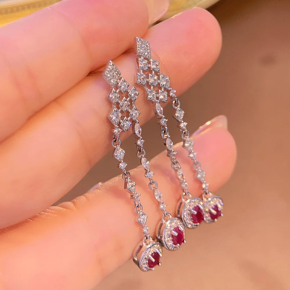 Gioiellieri Luxury Natural Red Ruby Earrings 925 Sterling Silver Wedding Party Gift Fine Jewelry