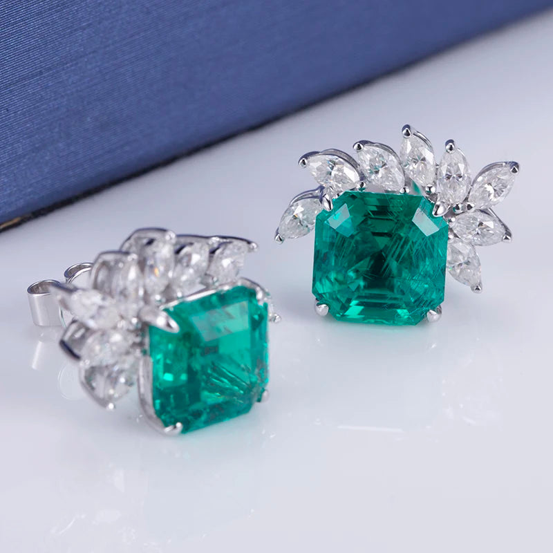 Messi Jewelry MSE-524 18k Gold Lab Grown Emerald Jewelry Moissanite Stud Earrings