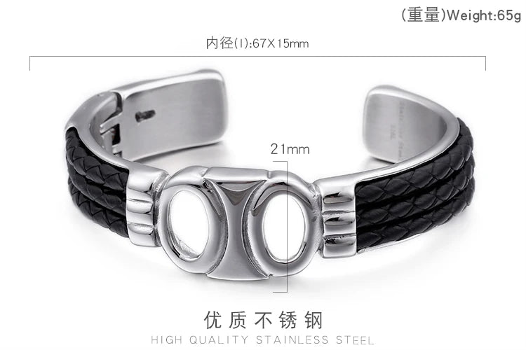 VIKING Mens Trendy Leather & Stainless Steel Cuff Bracelet – Silver
