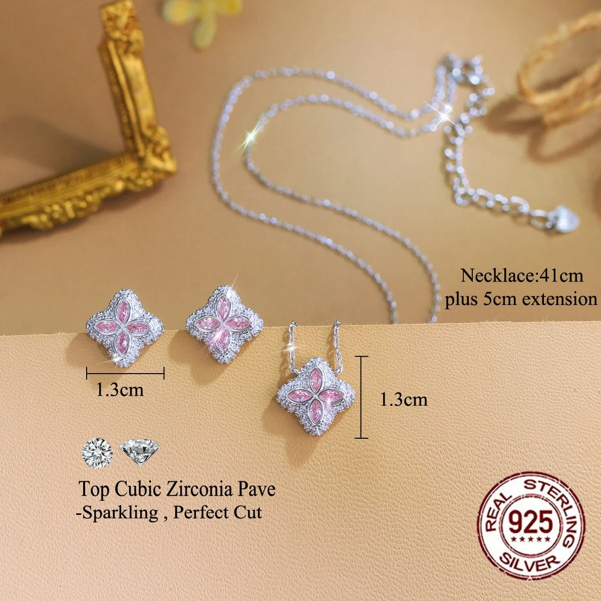 Sparkling Pink CZ 925 Sterling Silver Necklace and Earrings Bridesmaid Lucky Four Leaf Clover Jewelry Set for Women Daily Wear