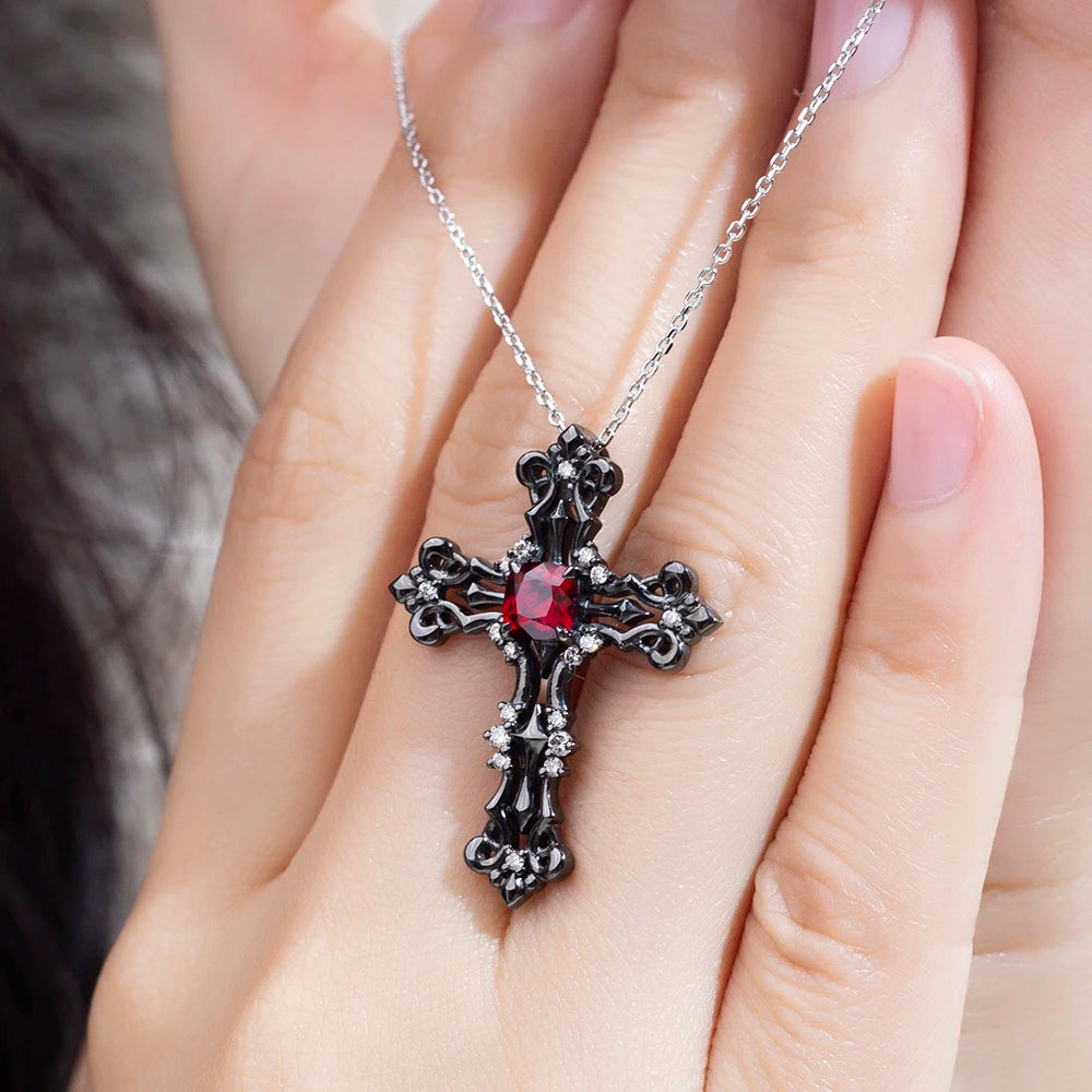 Custom Fine Jewelry MSN-896 925 Silver Cross Necklace Chain 5x5mm Cushion Shape Ruby Lab Grown Gemstone Necklace