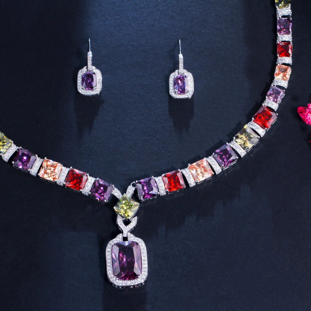 Multi Color Purple Cubic Zirconia Big Square Drop Luxury Wedding Bridal Necklace Earrings Costume Jewelry Sets for Women