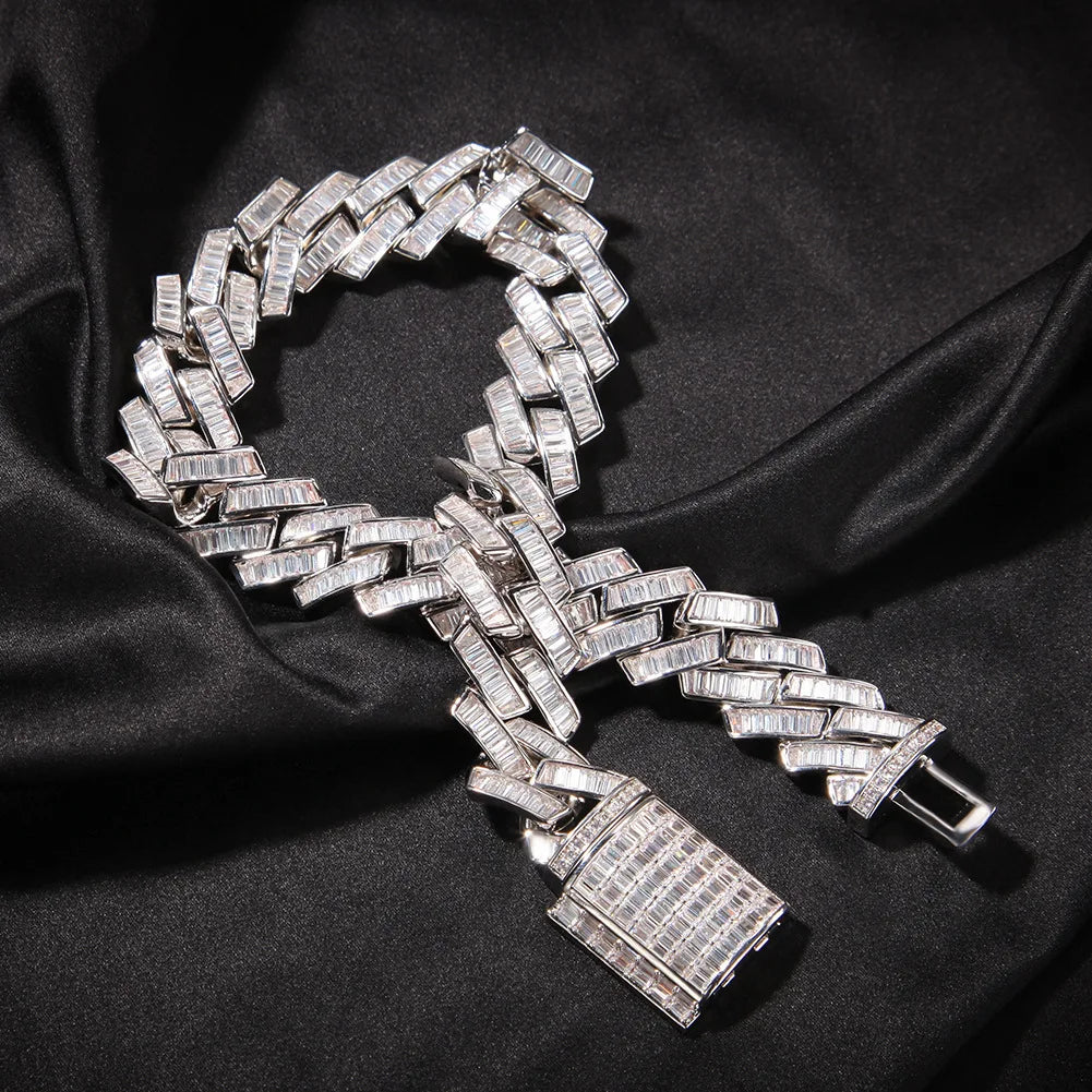New 20mm Hip Hop Miami Cuban Chain Brass Iced Out Baguette Square Zirconia Necklace Jewelry for Men Women Iced Cuban Link Chains