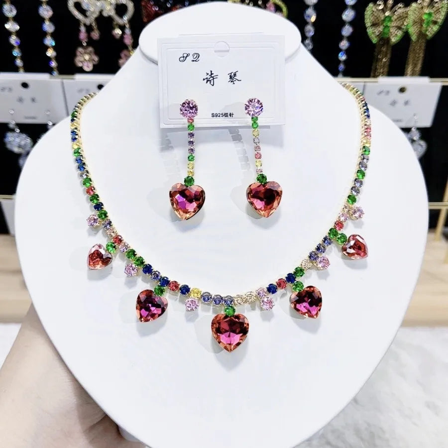 K093 Wholesale Women Trendy Luxurious Heart Multi Zircon Bridal Necklace Earrings Set Wedding Elegant Jewelry Set