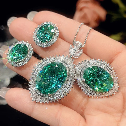 Gemfiori Green Gemstone Engagement Set Necklace Ring Earring Fashionable Oval Bridal Wedding Party Engagement Accessory