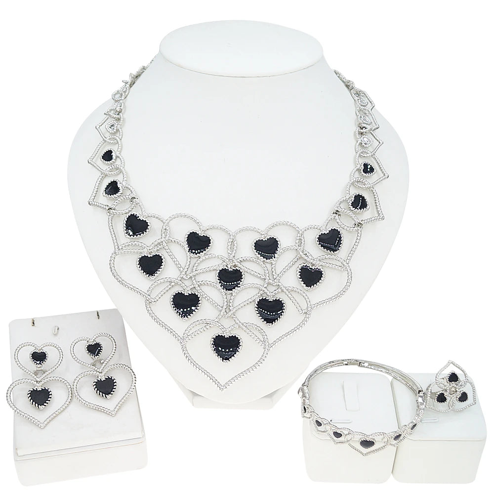 Zhuerrui Romantic Heart Design Jewelry Set Black Stone Crystal Inlaid White Gold Necklace Set for Wedding Banquet I005520-2