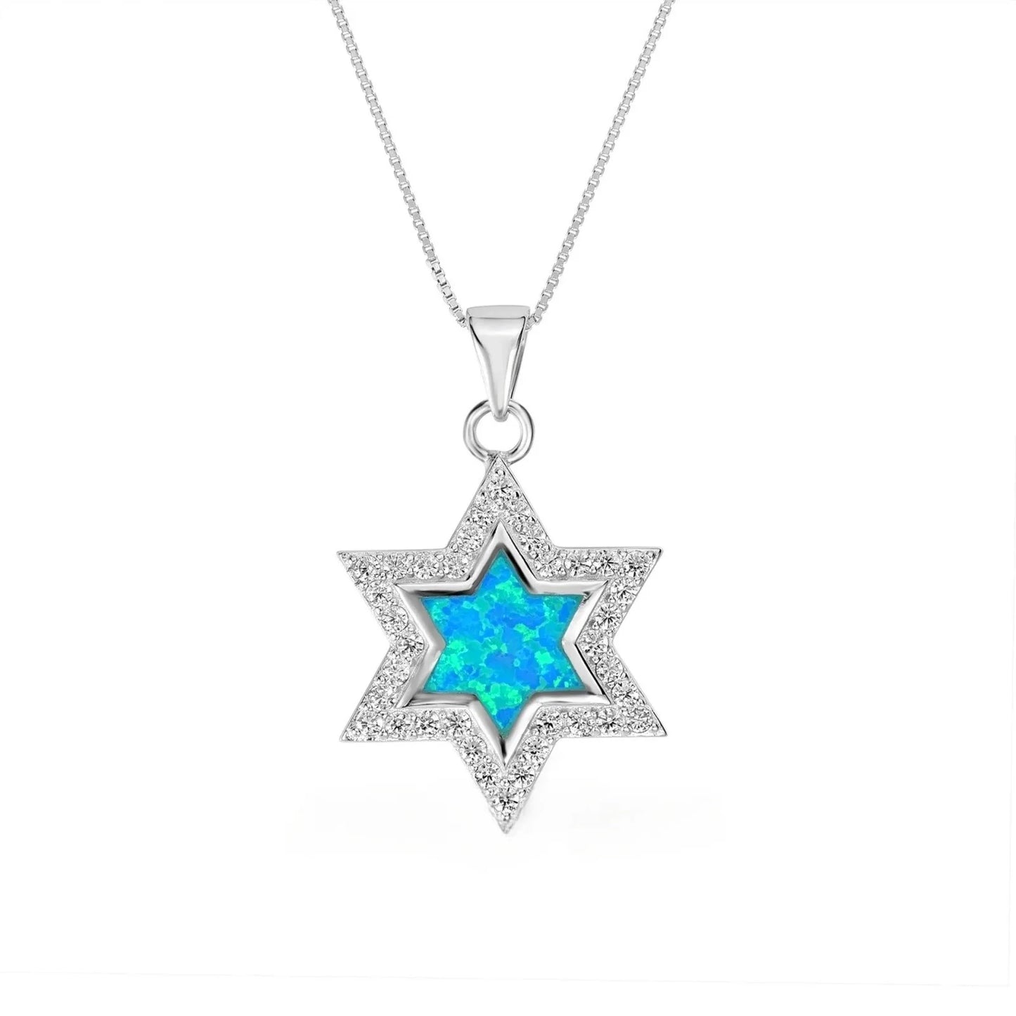 Aobao Women's Fashionable Brass Silver Plated Opal Necklace Blue Hexagonal Star Pendant Clavicle Box Chain Vintage Style Charm